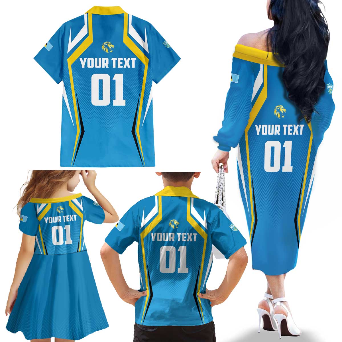 Custom Saint Lucia Cricket Family Matching Off The Shoulder Long Sleeve Dress and Hawaiian Shirt St Lucia Stars Champions 2024 - Wonder Print Shop