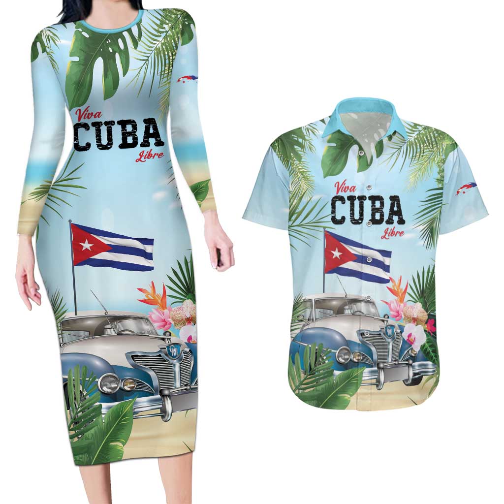 Personalized Viva Cuba Libre Couples Matching Long Sleeve Bodycon Dress and Hawaiian Shirt Libre Car Tropical Style - Wonder Print Shop