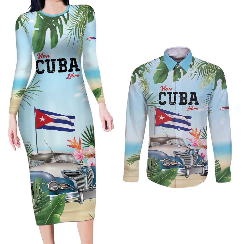 Personalized Viva Cuba Libre Couples Matching Long Sleeve Bodycon Dress and Long Sleeve Button Shirt Libre Car Tropical Style - Wonder Print Shop