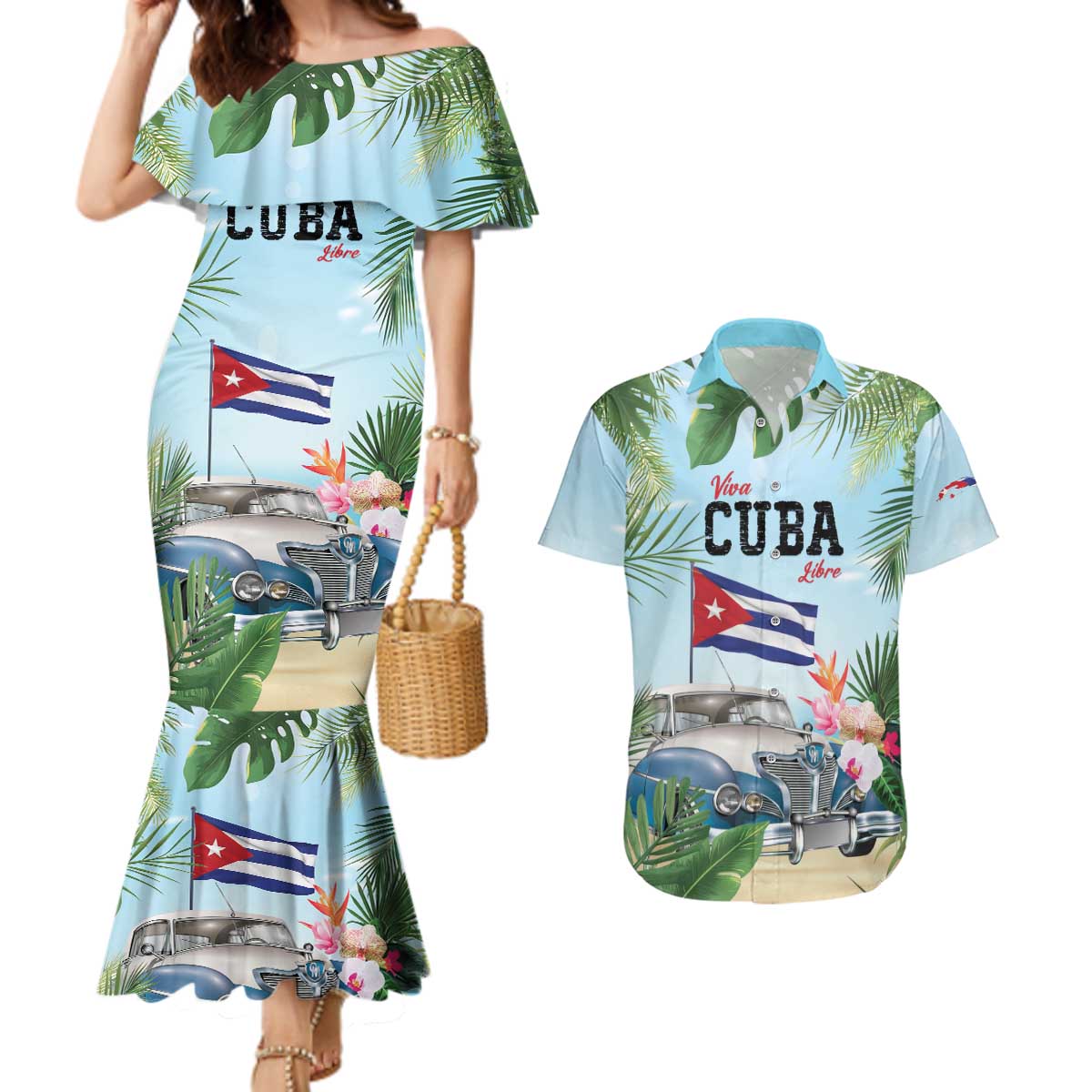 Personalized Viva Cuba Libre Couples Matching Mermaid Dress and Hawaiian Shirt Libre Car Tropical Style - Wonder Print Shop