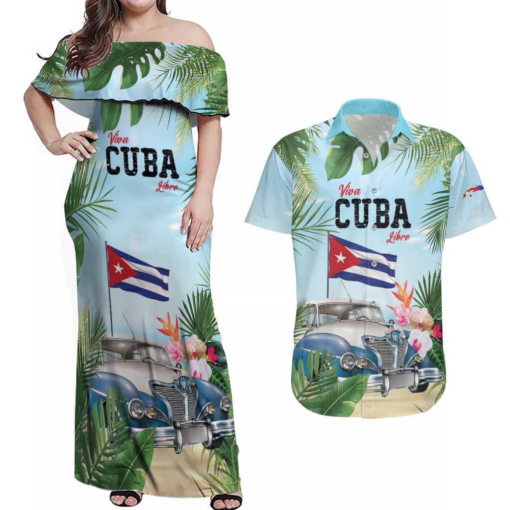 Personalized Viva Cuba Libre Couples Matching Off Shoulder Maxi Dress and Hawaiian Shirt Libre Car Tropical Style - Wonder Print Shop