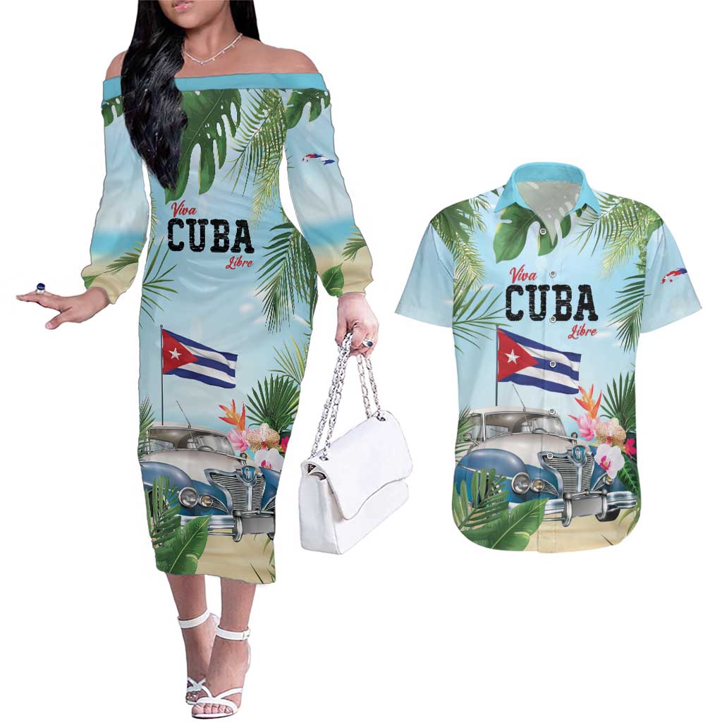 Personalized Viva Cuba Libre Couples Matching Off The Shoulder Long Sleeve Dress and Hawaiian Shirt Libre Car Tropical Style - Wonder Print Shop