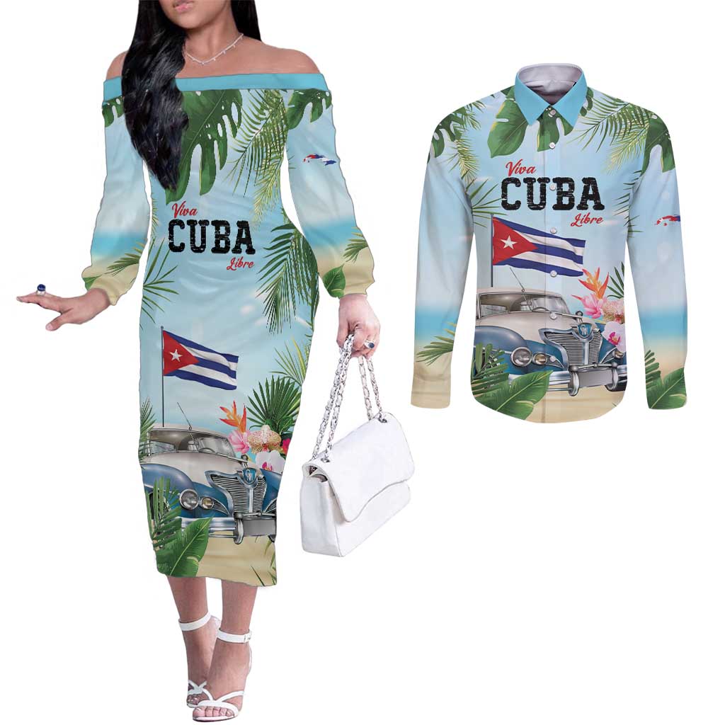 Personalized Viva Cuba Libre Couples Matching Off The Shoulder Long Sleeve Dress and Long Sleeve Button Shirt Libre Car Tropical Style - Wonder Print Shop