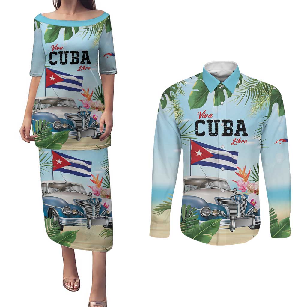 Personalized Viva Cuba Libre Couples Matching Puletasi and Long Sleeve Button Shirt Libre Car Tropical Style - Wonder Print Shop