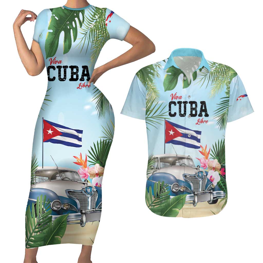 Personalized Viva Cuba Libre Couples Matching Short Sleeve Bodycon Dress and Hawaiian Shirt Libre Car Tropical Style - Wonder Print Shop