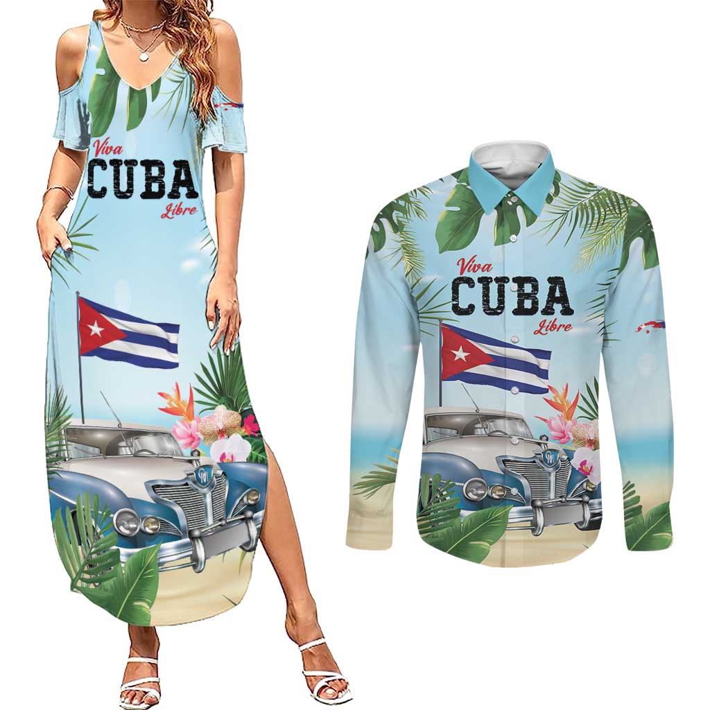 Personalized Viva Cuba Libre Couples Matching Summer Maxi Dress and Long Sleeve Button Shirt Libre Car Tropical Style - Wonder Print Shop
