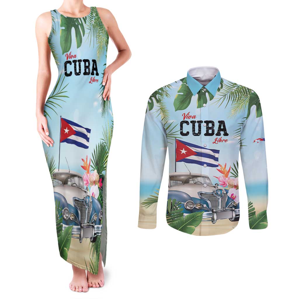 Personalized Viva Cuba Libre Couples Matching Tank Maxi Dress and Long Sleeve Button Shirt Libre Car Tropical Style - Wonder Print Shop