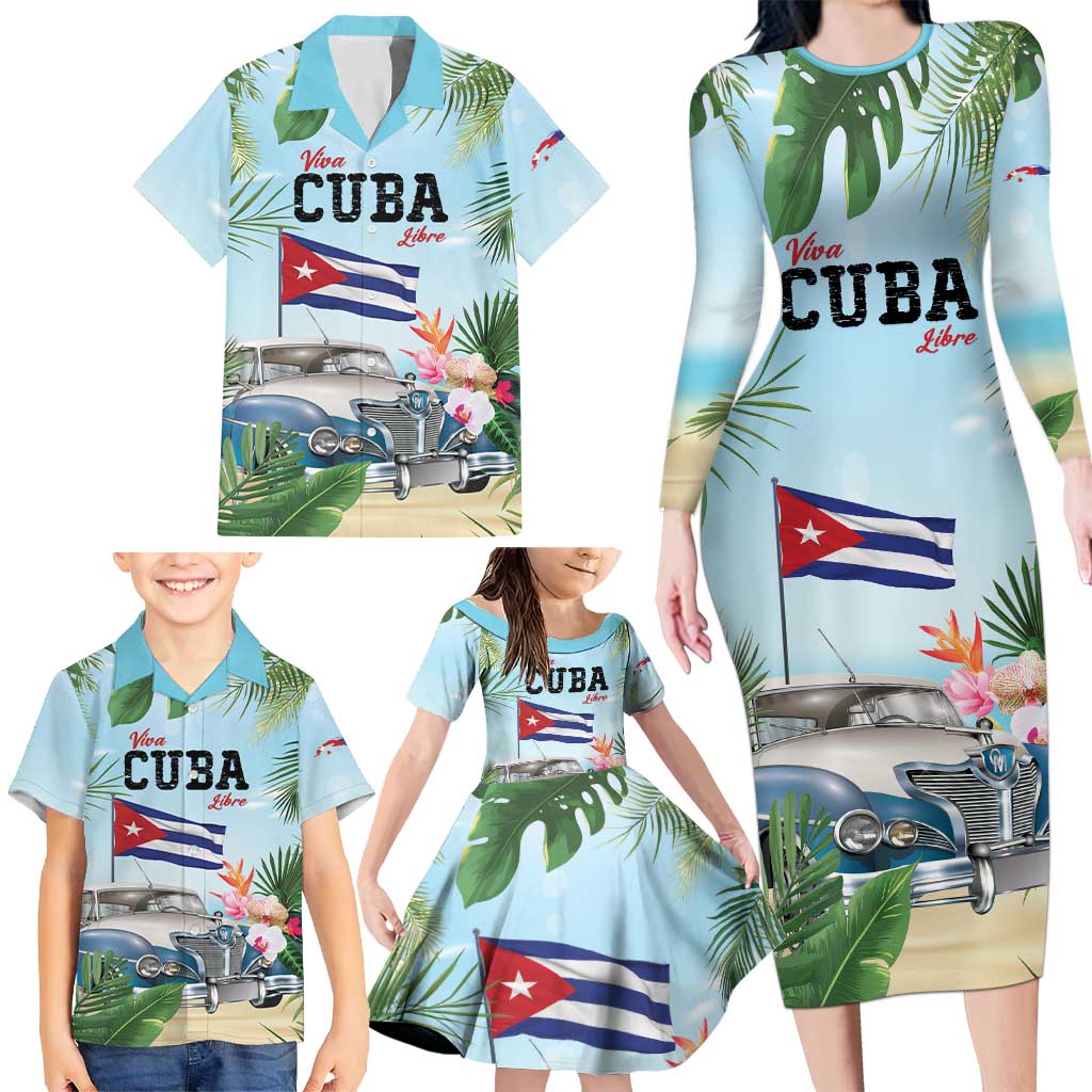 Personalized Viva Cuba Libre Family Matching Long Sleeve Bodycon Dress and Hawaiian Shirt Libre Car Tropical Style - Wonder Print Shop