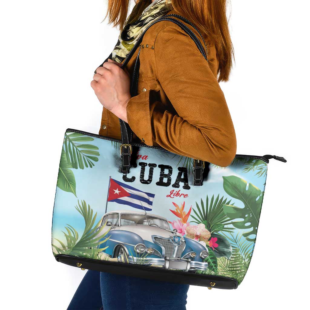 Viva Cuba Libre Leather Tote Bag Libre Car Tropical Style - Wonder Print Shop