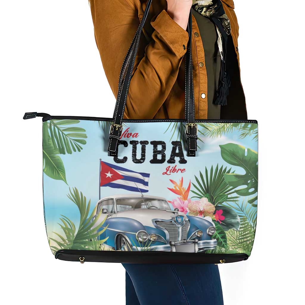 Viva Cuba Libre Leather Tote Bag Libre Car Tropical Style - Wonder Print Shop