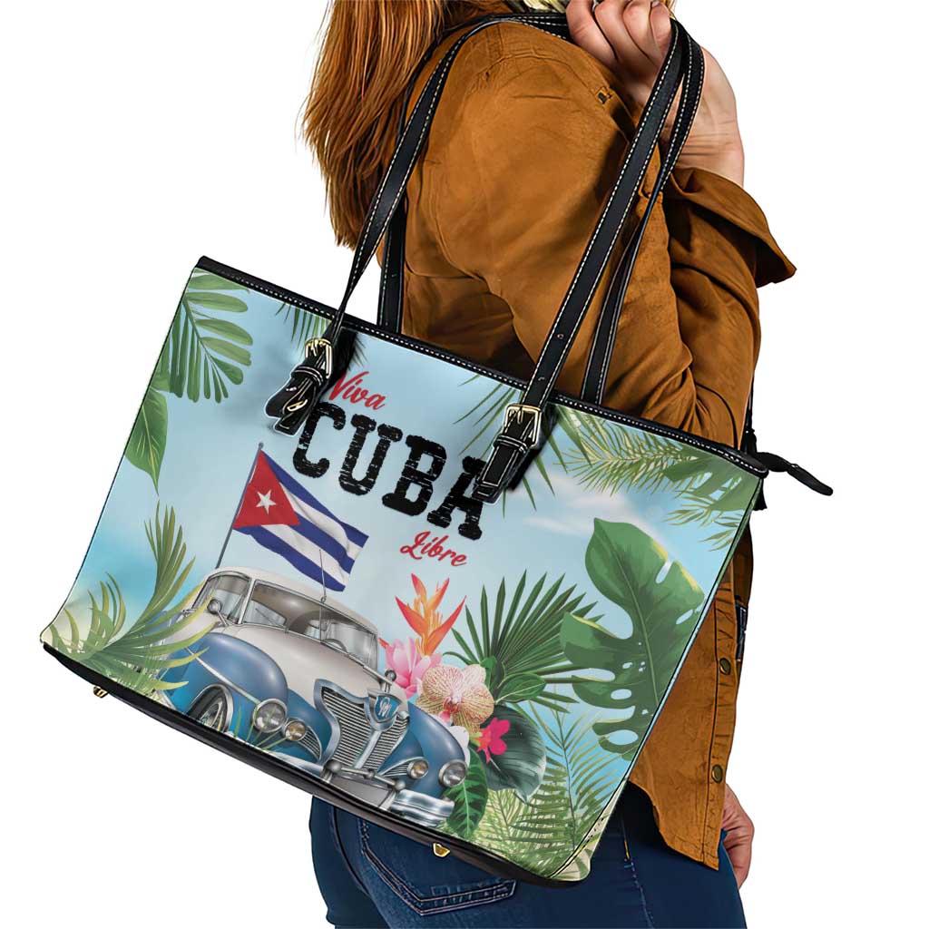 Viva Cuba Libre Leather Tote Bag Libre Car Tropical Style - Wonder Print Shop
