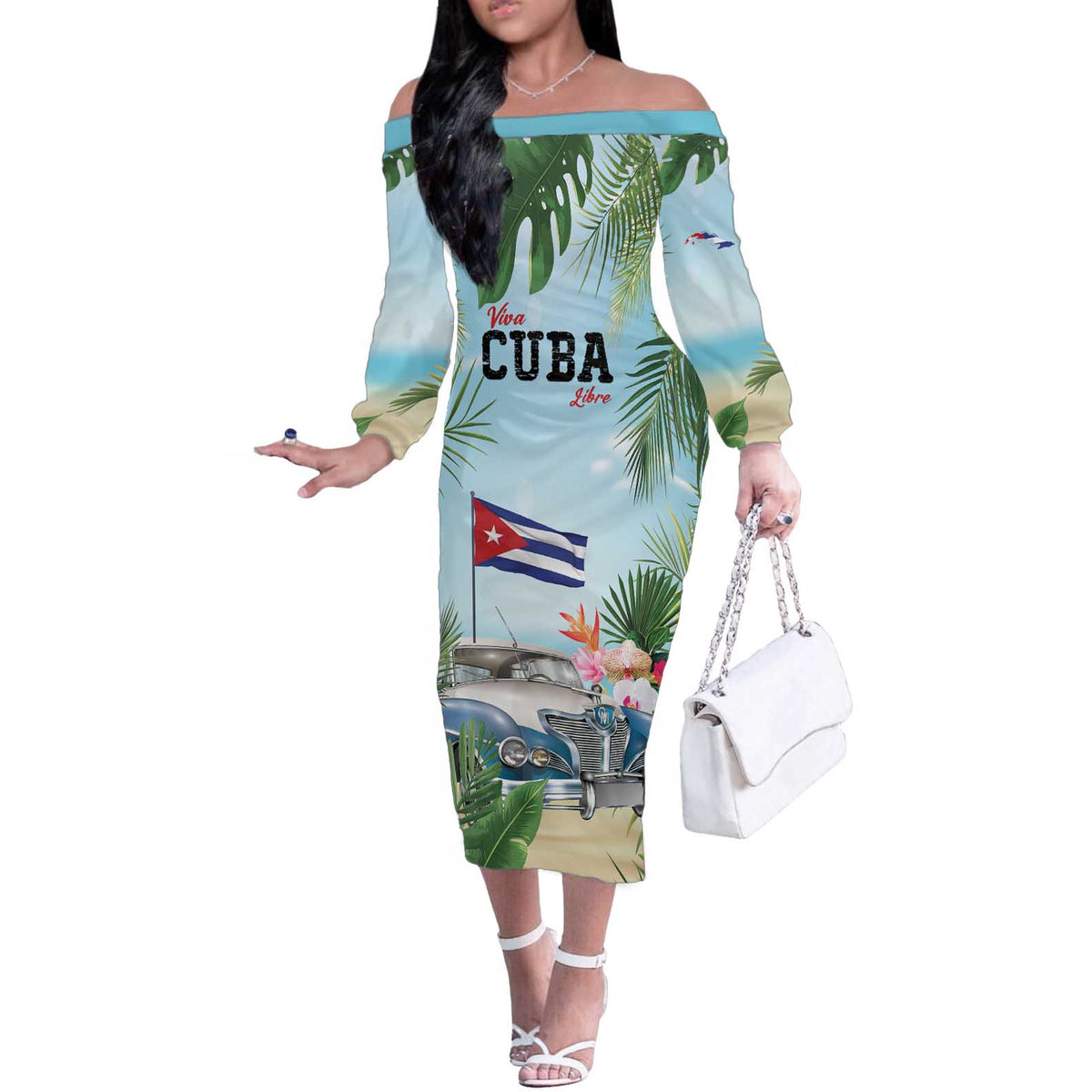 Personalized Viva Cuba Libre Off The Shoulder Long Sleeve Dress Libre Car Tropical Style - Wonder Print Shop