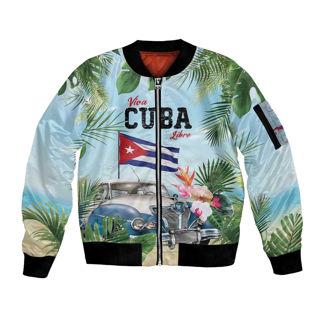 Personalized Viva Cuba Libre Sleeve Zip Bomber Jacket Libre Car Tropical Style - Wonder Print Shop