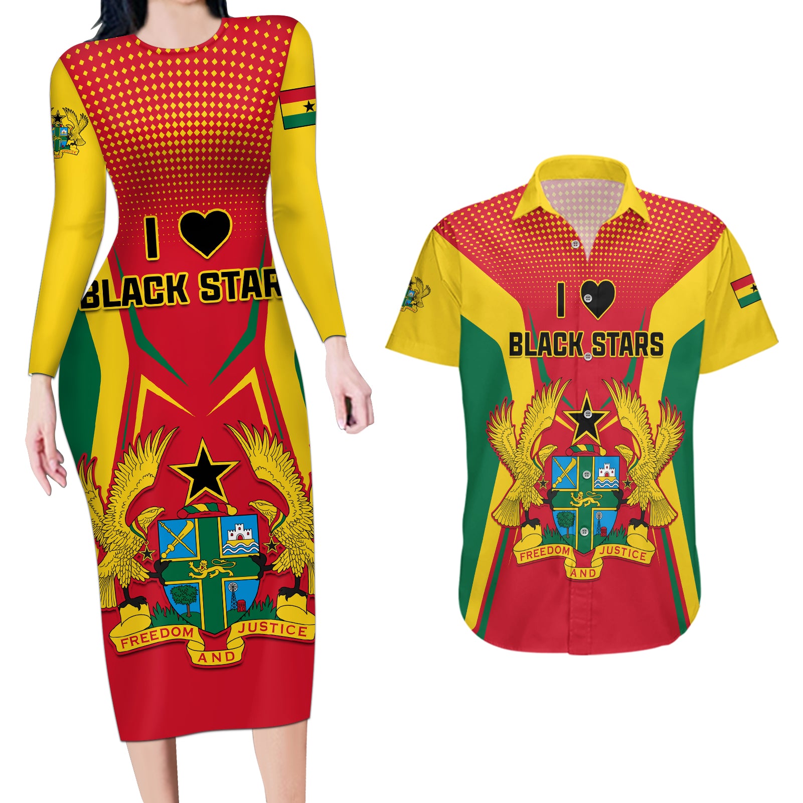 Ghana Football Couples Matching Long Sleeve Bodycon Dress and Hawaiian Shirt I Love Black Stars