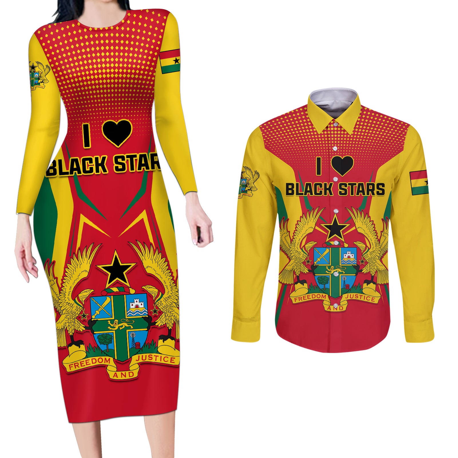 Ghana Football Couples Matching Long Sleeve Bodycon Dress and Long Sleeve Button Shirt I Love Black Stars