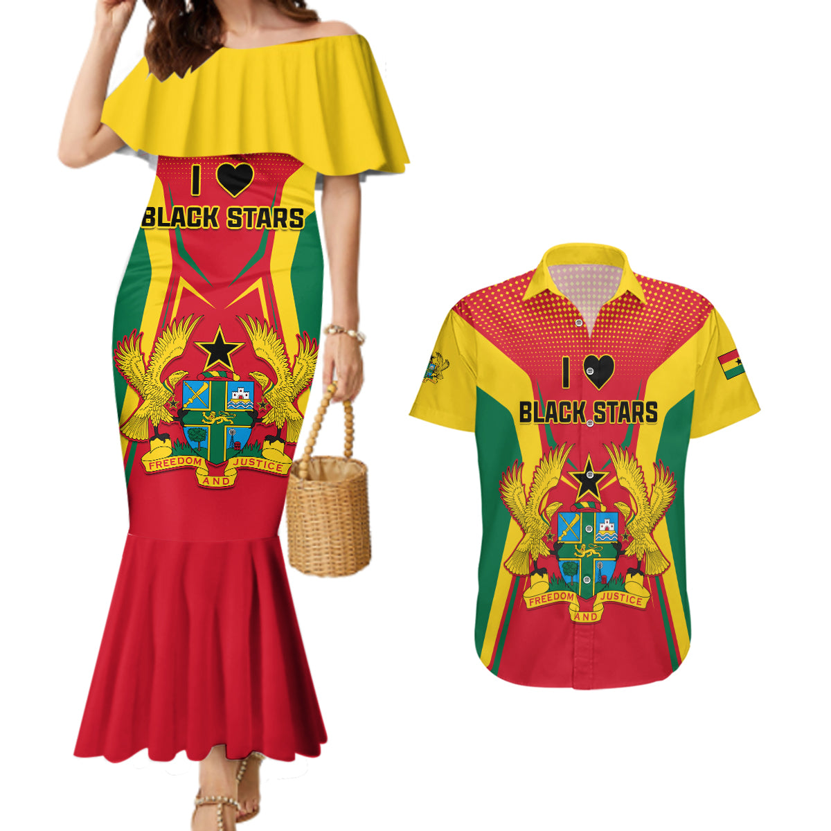 Ghana Football Couples Matching Mermaid Dress and Hawaiian Shirt I Love Black Stars - Wonder Print Shop