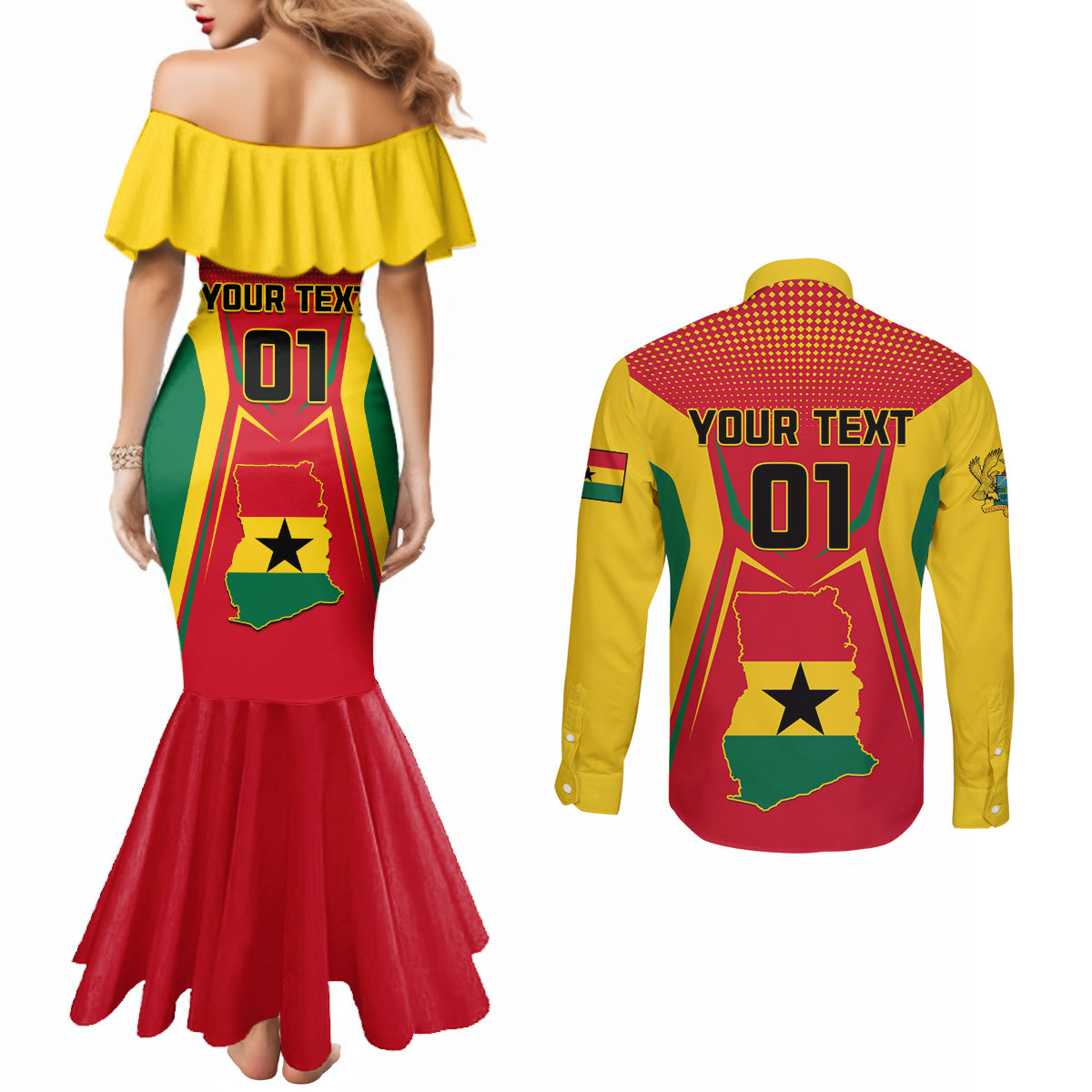 Ghana Football Couples Matching Mermaid Dress and Long Sleeve Button Shirt I Love Black Stars