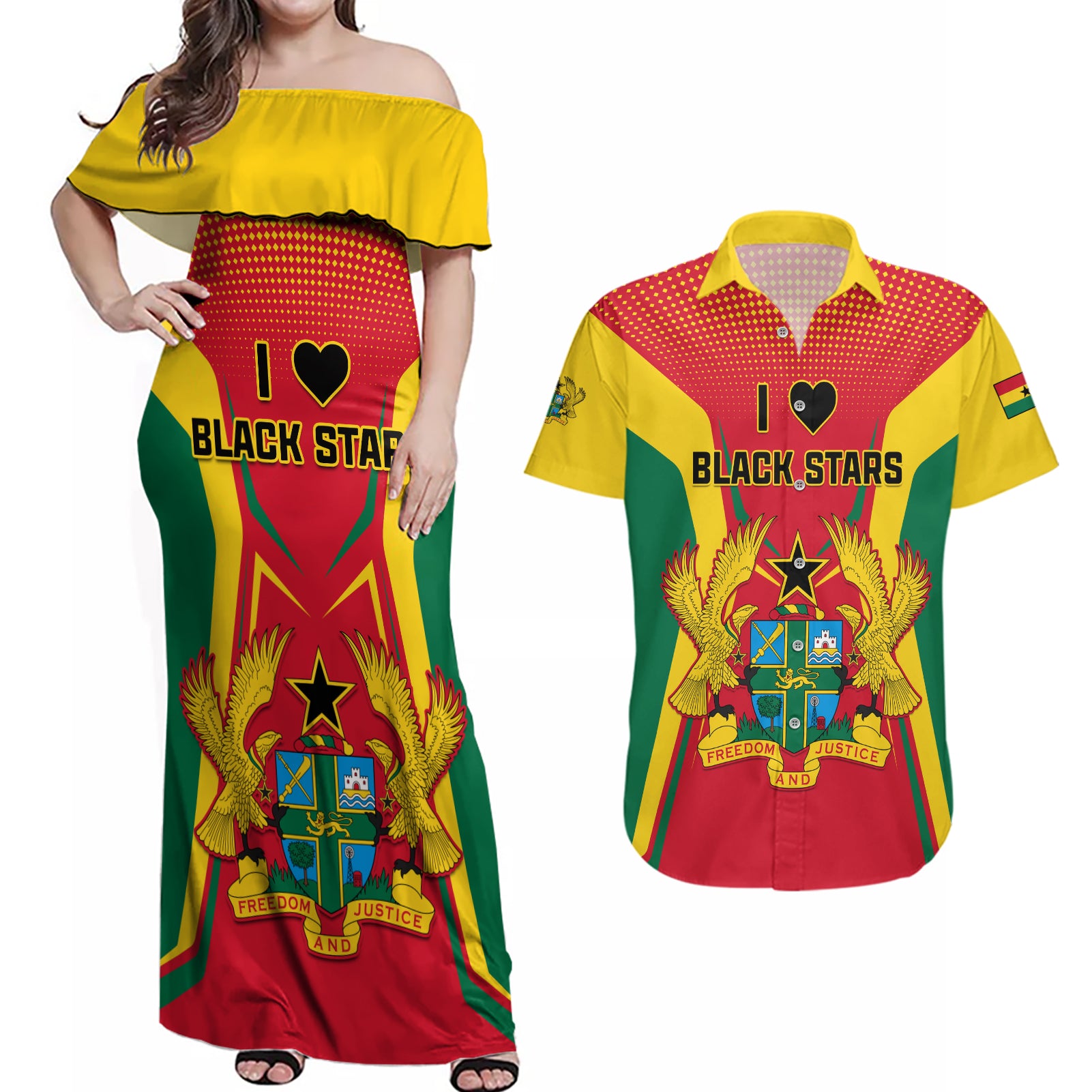 Ghana Football Couples Matching Off Shoulder Maxi Dress and Hawaiian Shirt I Love Black Stars