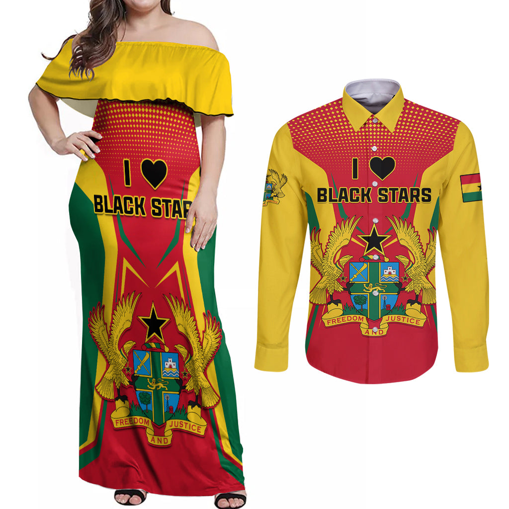 Ghana Football Couples Matching Off Shoulder Maxi Dress and Long Sleeve Button Shirt I Love Black Stars