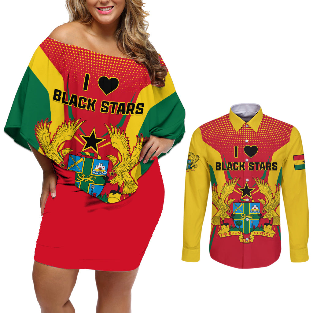 Ghana Football Couples Matching Off Shoulder Short Dress and Long Sleeve Button Shirt I Love Black Stars - Wonder Print Shop