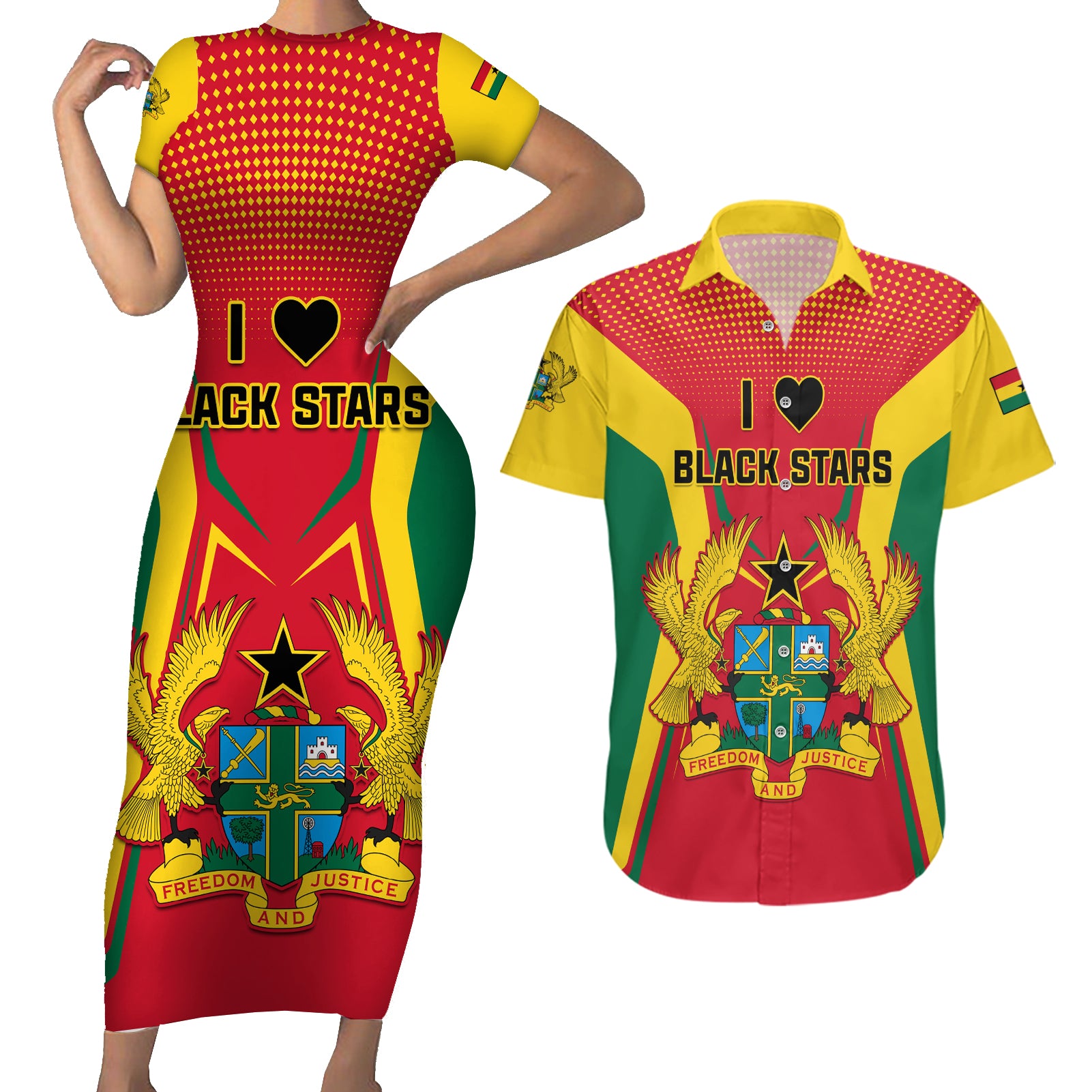 Ghana Football Couples Matching Short Sleeve Bodycon Dress and Hawaiian Shirt I Love Black Stars