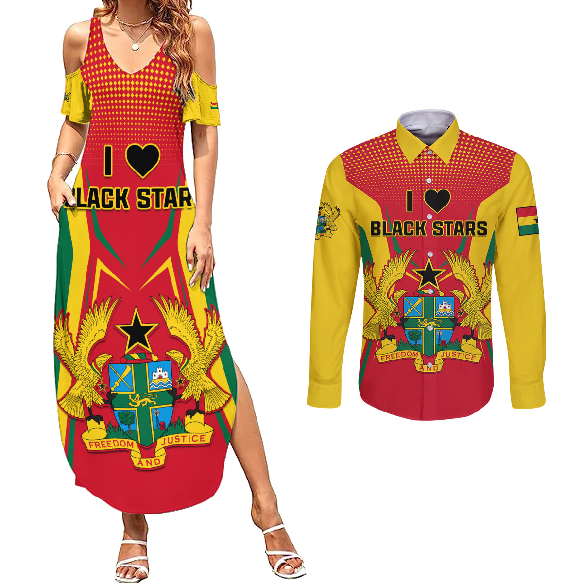 Ghana Football Couples Matching Summer Maxi Dress and Long Sleeve Button Shirt I Love Black Stars