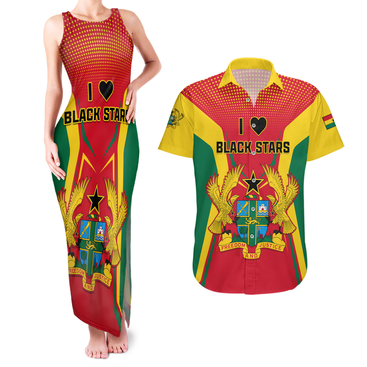 Ghana Football Couples Matching Tank Maxi Dress and Hawaiian Shirt I Love Black Stars - Wonder Print Shop