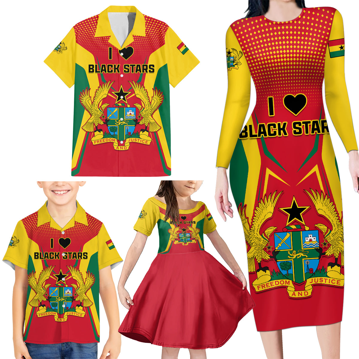 Ghana Football Family Matching Long Sleeve Bodycon Dress and Hawaiian Shirt I Love Black Stars - Wonder Print Shop