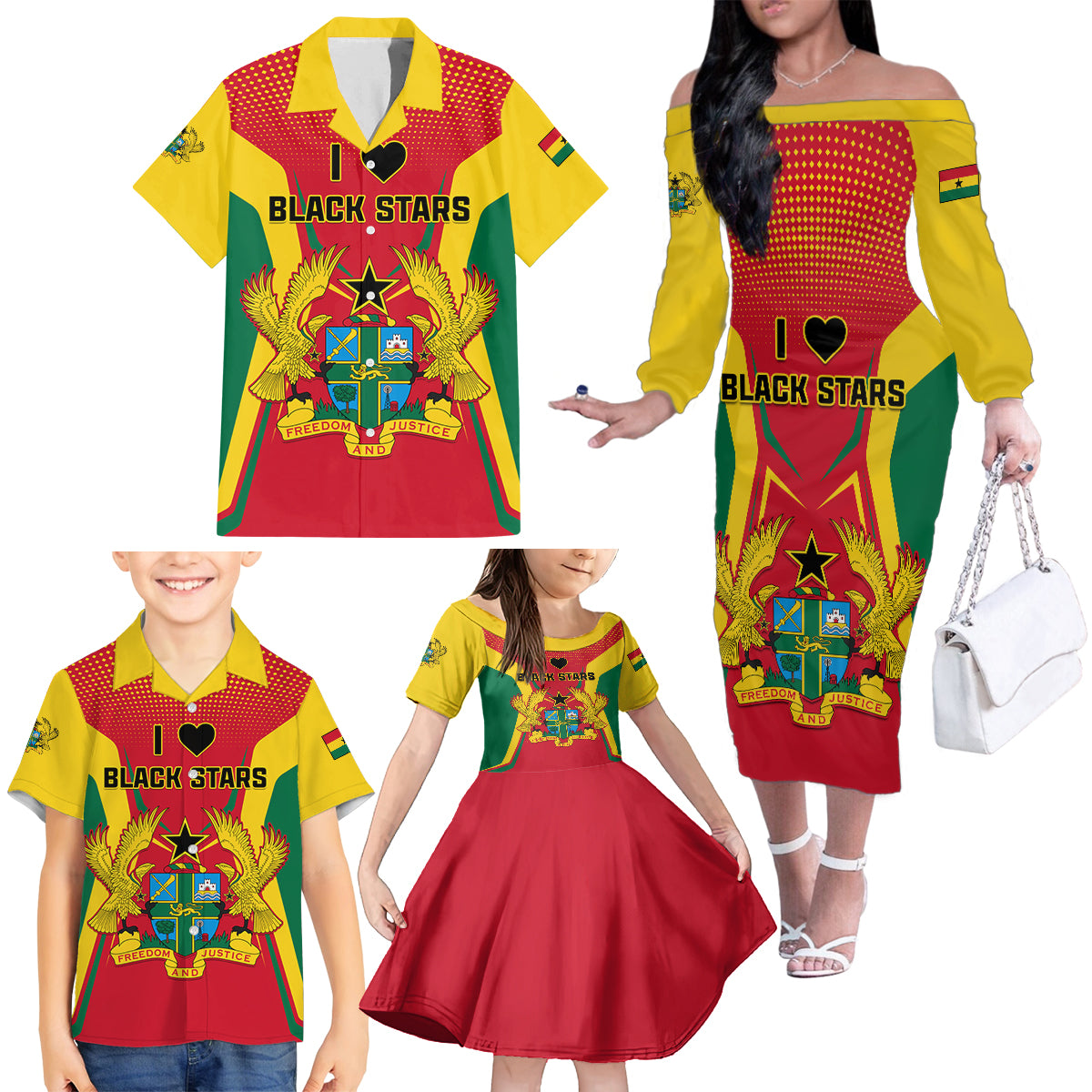Ghana Football Family Matching Off Shoulder Long Sleeve Dress and Hawaiian Shirt I Love Black Stars - Wonder Print Shop