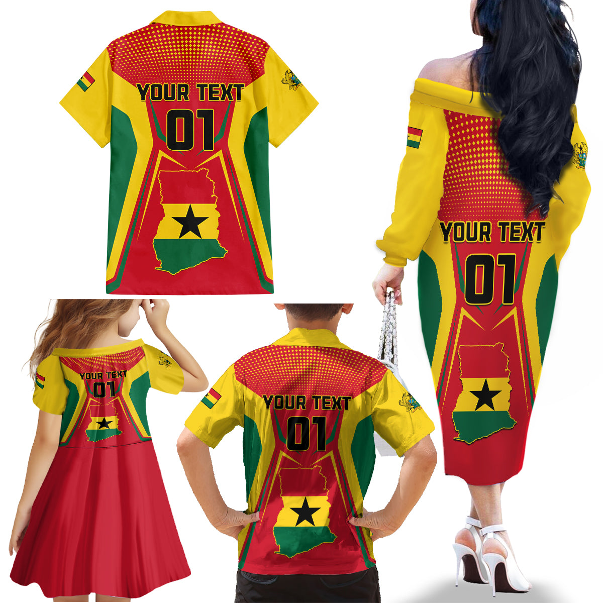 Ghana Football Family Matching Off Shoulder Long Sleeve Dress and Hawaiian Shirt I Love Black Stars - Wonder Print Shop