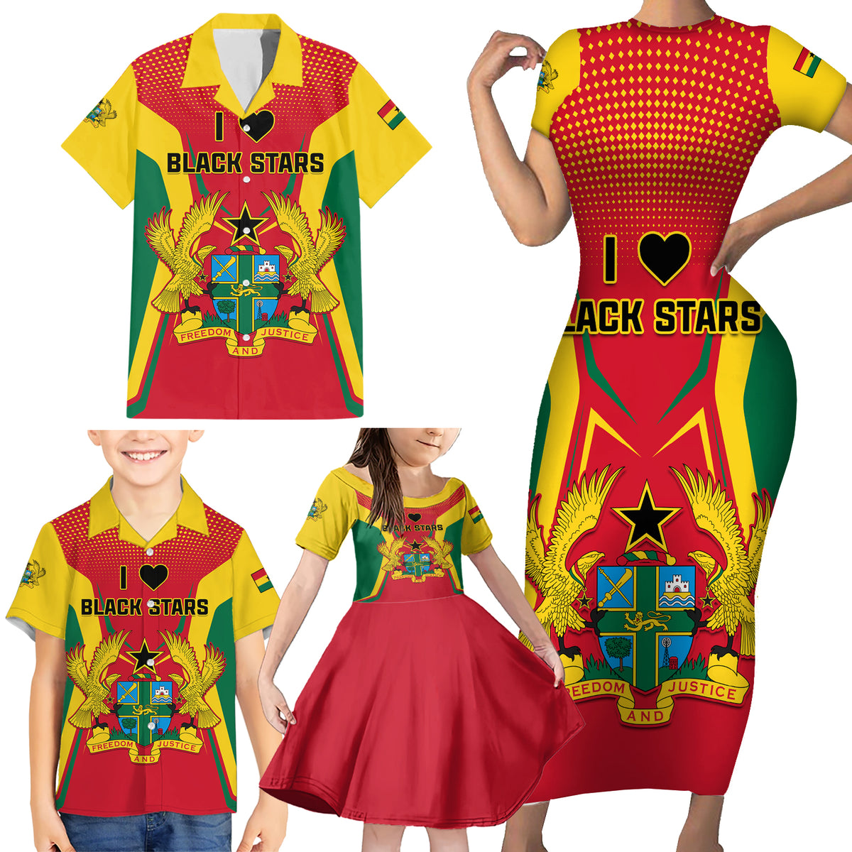 Ghana Football Family Matching Short Sleeve Bodycon Dress and Hawaiian Shirt I Love Black Stars - Wonder Print Shop