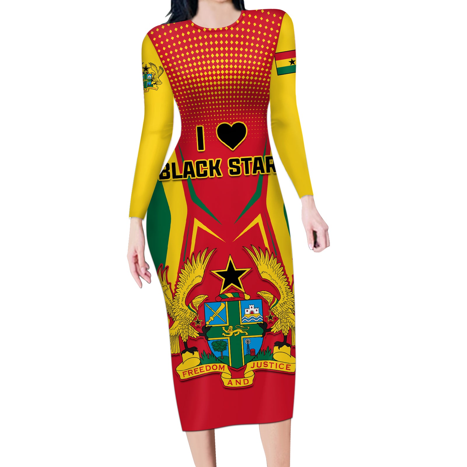Ghana Football Long Sleeve Bodycon Dress I Love Black Stars