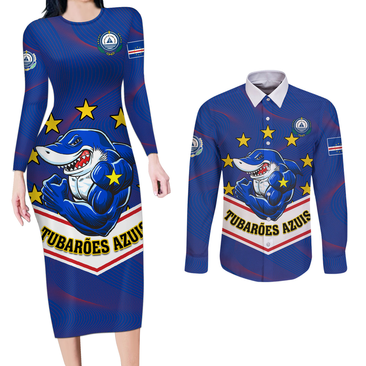 Cape Verde Football Couples Matching Long Sleeve Bodycon Dress and Long Sleeve Button Shirt Come On Tubaroes Azuis - Wonder Print Shop