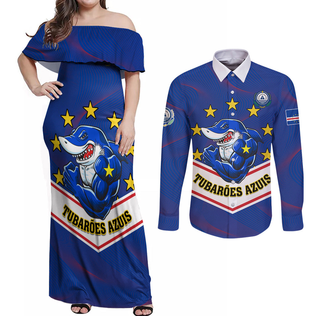 Cape Verde Football Couples Matching Off Shoulder Maxi Dress and Long Sleeve Button Shirt Come On Tubaroes Azuis - Wonder Print Shop