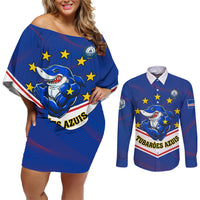 Cape Verde Football Couples Matching Off Shoulder Short Dress and Long Sleeve Button Shirt Come On Tubaroes Azuis - Wonder Print Shop