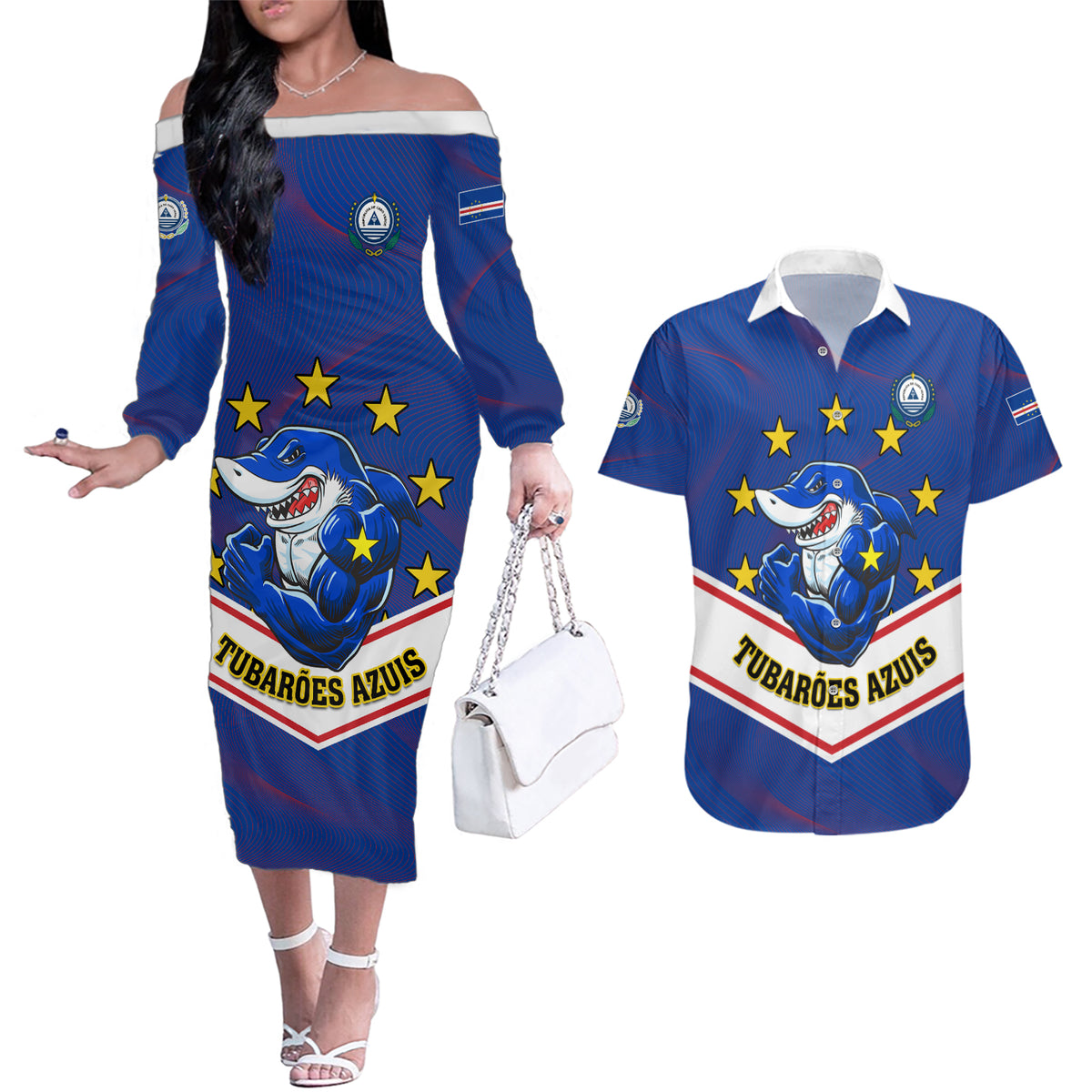 Cape Verde Football Couples Matching Off The Shoulder Long Sleeve Dress and Hawaiian Shirt Come On Tubaroes Azuis - Wonder Print Shop