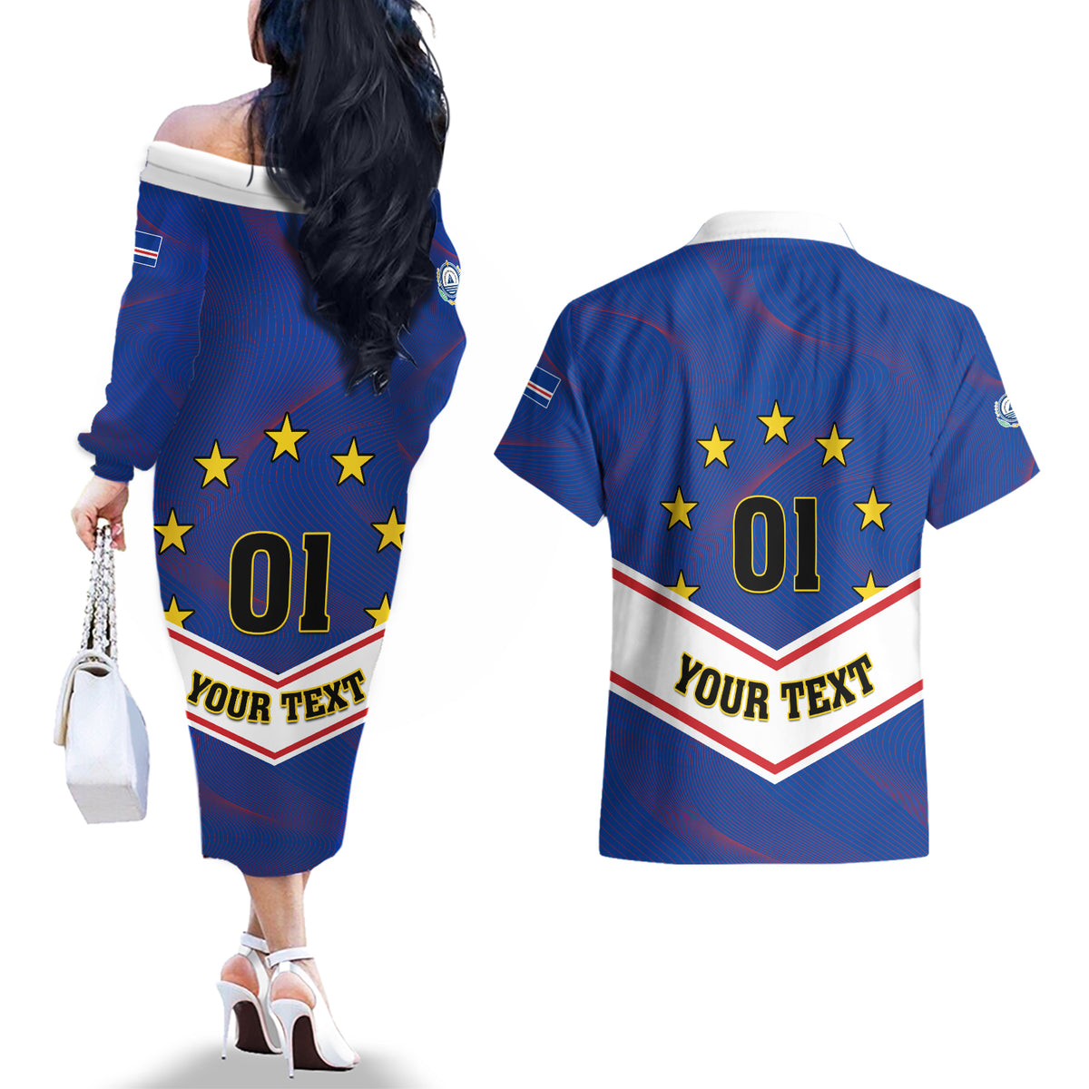 Cape Verde Football Couples Matching Off The Shoulder Long Sleeve Dress and Hawaiian Shirt Come On Tubaroes Azuis - Wonder Print Shop