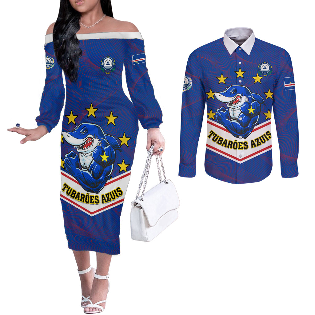 Cape Verde Football Couples Matching Off The Shoulder Long Sleeve Dress and Long Sleeve Button Shirt Come On Tubaroes Azuis