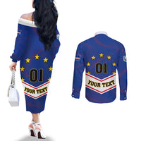 Cape Verde Football Couples Matching Off The Shoulder Long Sleeve Dress and Long Sleeve Button Shirt Come On Tubaroes Azuis