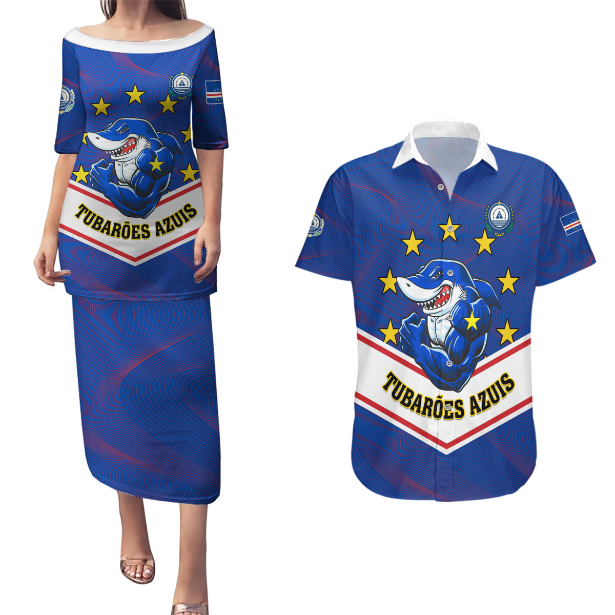 Cape Verde Football Couples Matching Puletasi and Hawaiian Shirt Come On Tubaroes Azuis - Wonder Print Shop