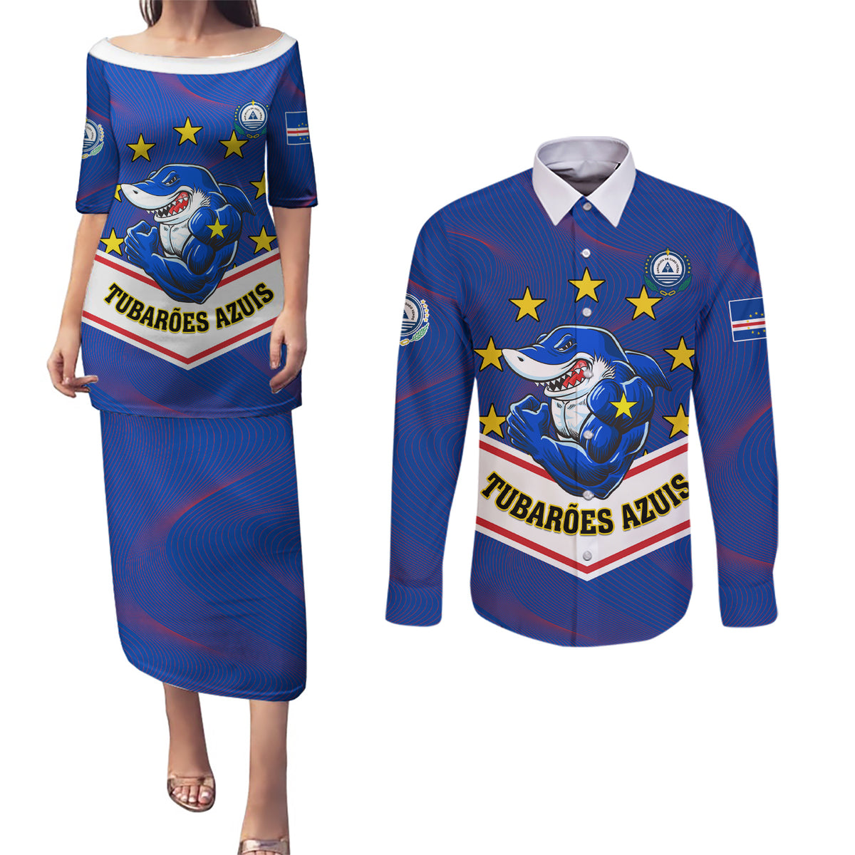 Cape Verde Football Couples Matching Puletasi and Long Sleeve Button Shirt Come On Tubaroes Azuis - Wonder Print Shop