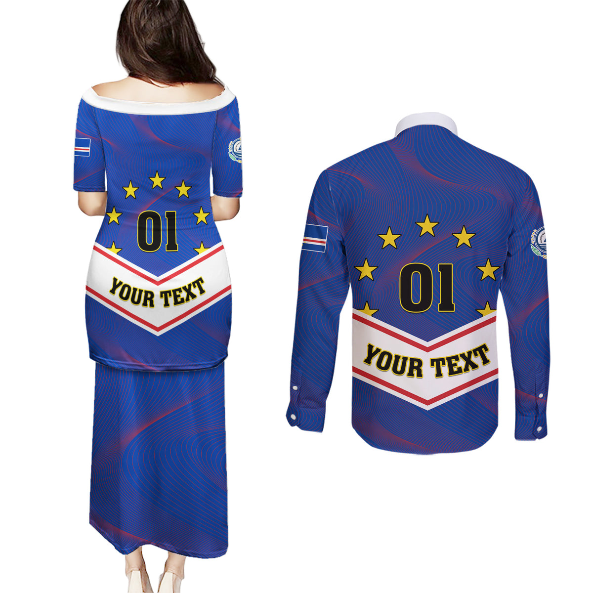 Cape Verde Football Couples Matching Puletasi and Long Sleeve Button Shirt Come On Tubaroes Azuis - Wonder Print Shop