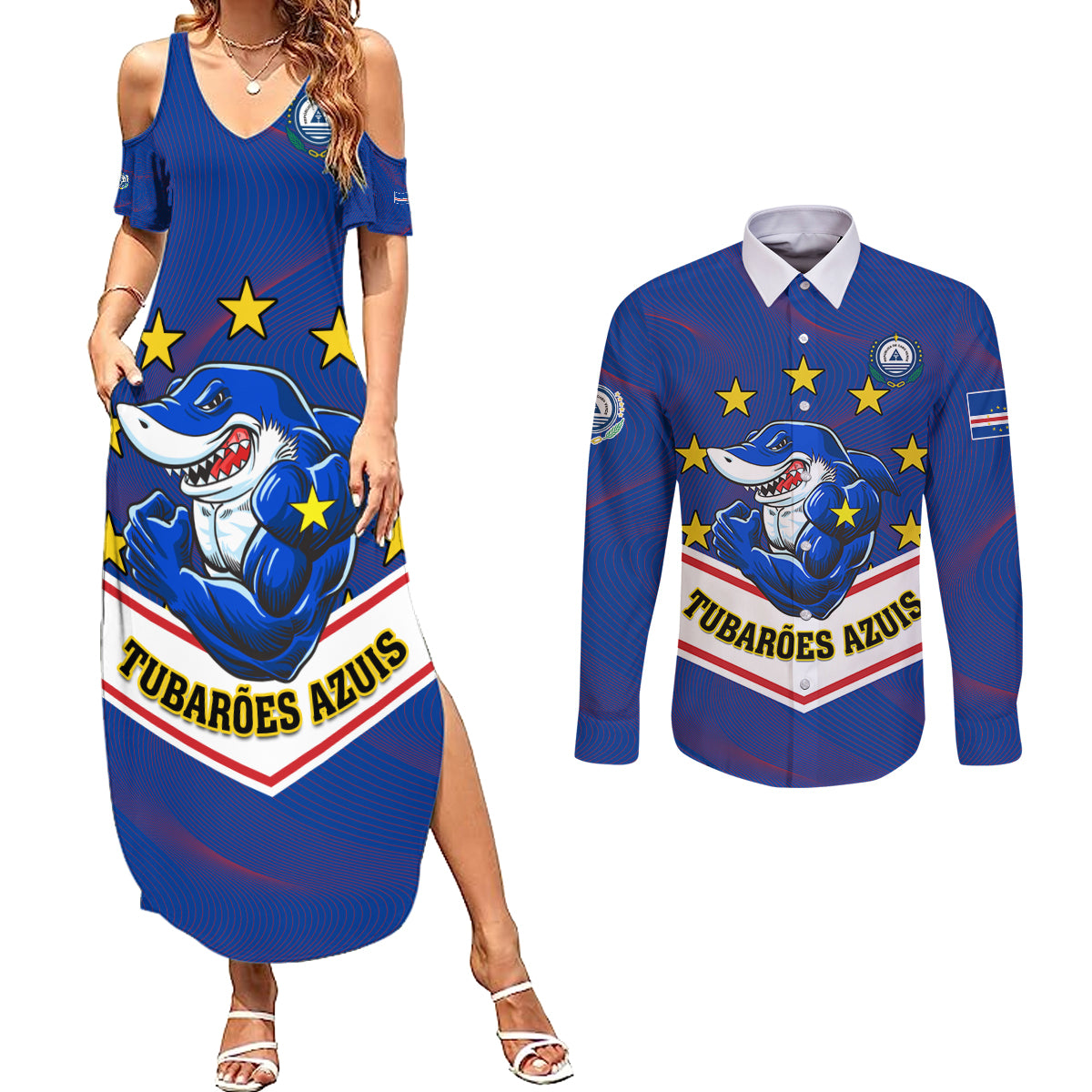 Cape Verde Football Couples Matching Summer Maxi Dress and Long Sleeve Button Shirt Come On Tubaroes Azuis - Wonder Print Shop