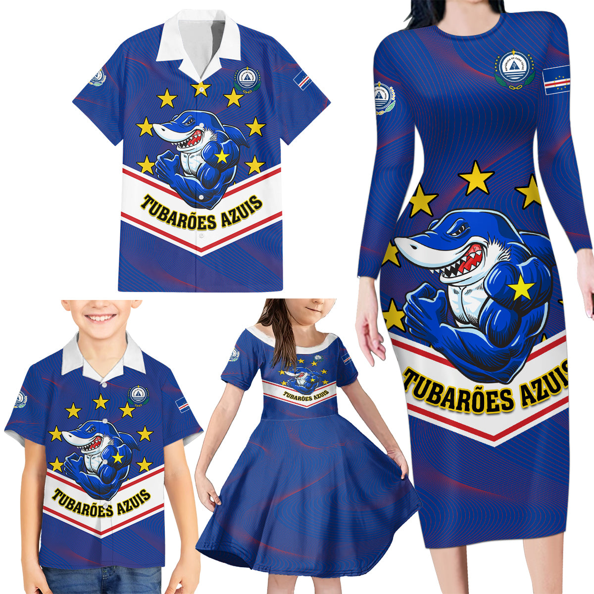 Cape Verde Football Family Matching Long Sleeve Bodycon Dress and Hawaiian Shirt Come On Tubaroes Azuis - Wonder Print Shop
