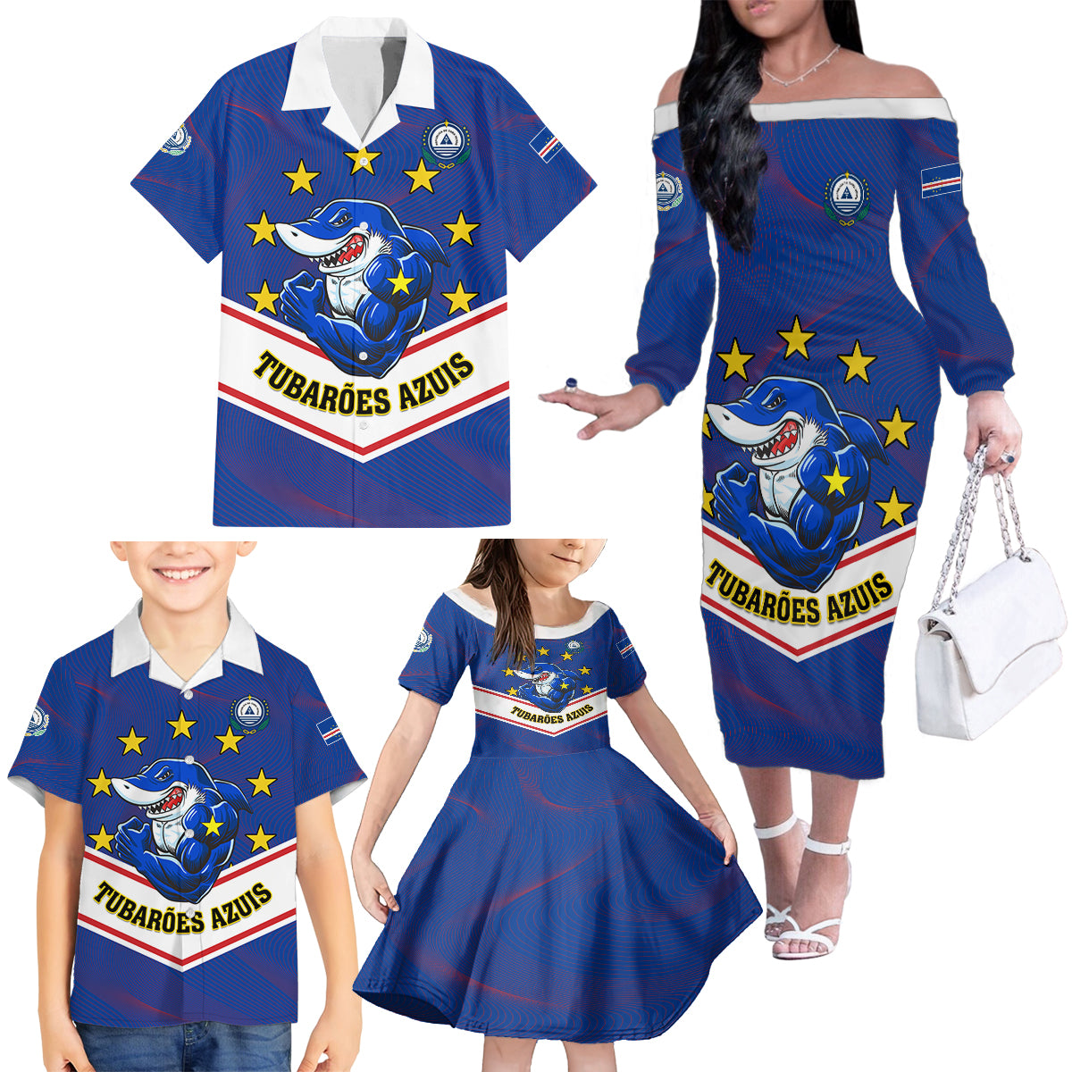 Cape Verde Football Family Matching Off Shoulder Long Sleeve Dress and Hawaiian Shirt Come On Tubaroes Azuis - Wonder Print Shop