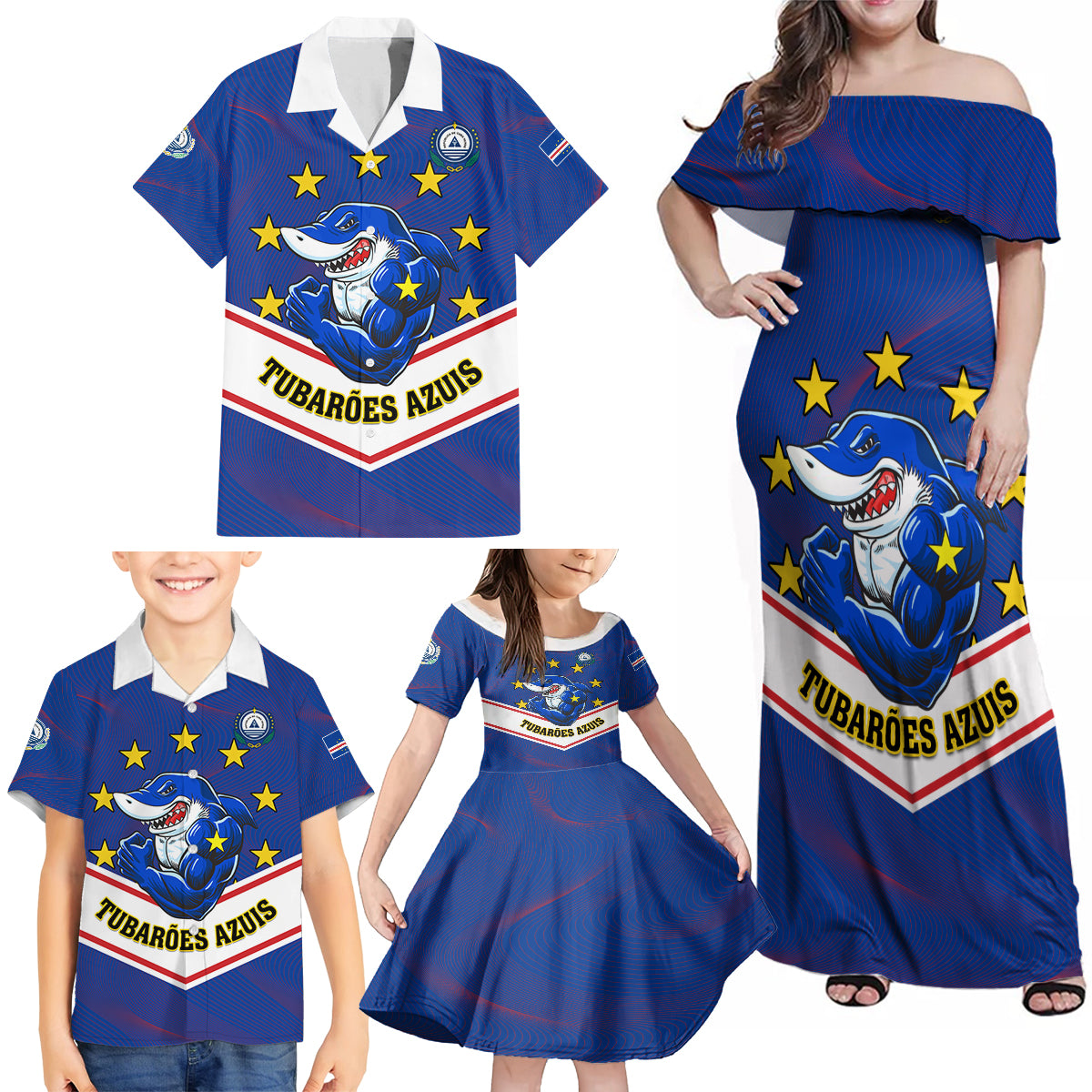 Cape Verde Football Family Matching Off Shoulder Maxi Dress and Hawaiian Shirt Come On Tubaroes Azuis - Wonder Print Shop