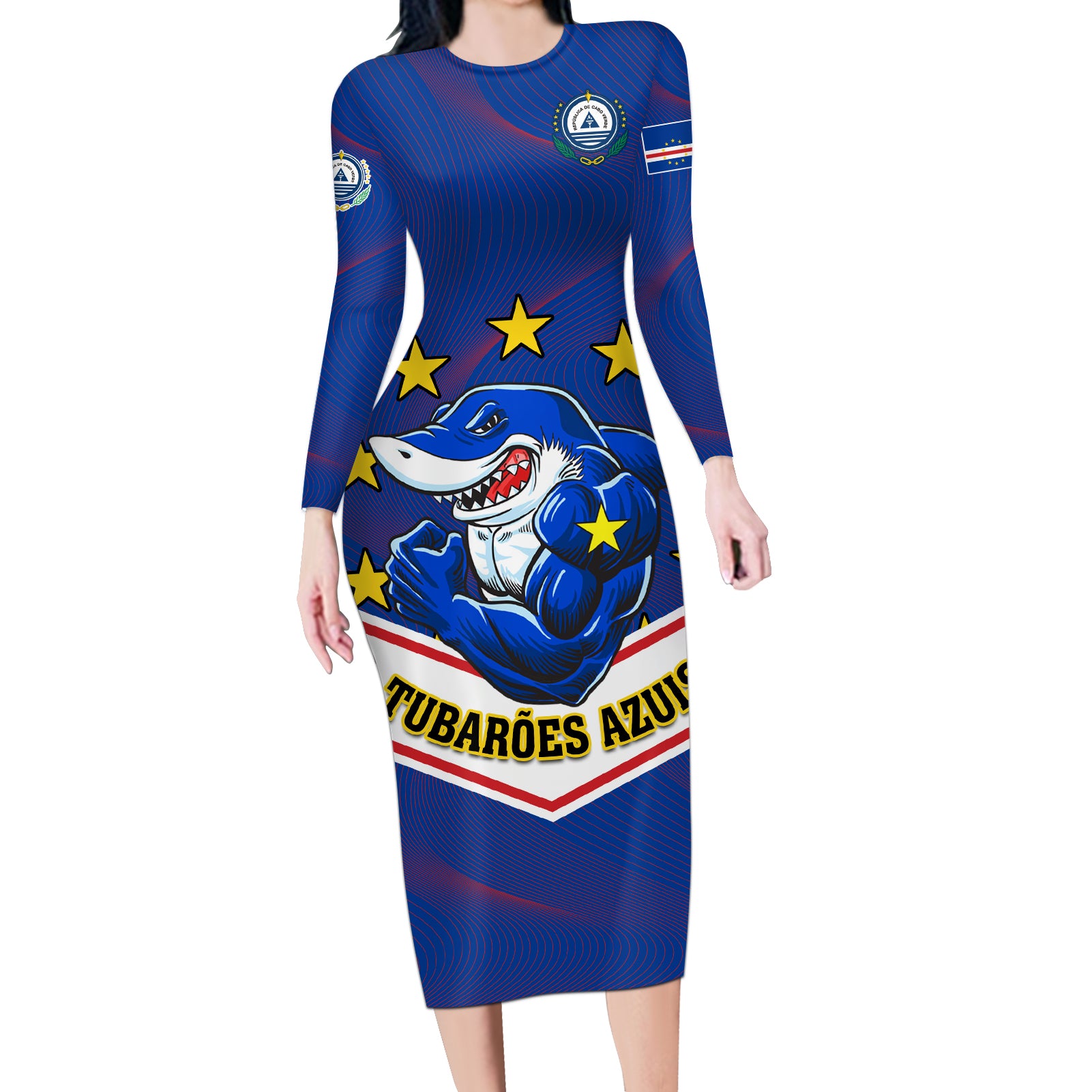 Cape Verde Football Long Sleeve Bodycon Dress Come On Tubaroes Azuis - Wonder Print Shop