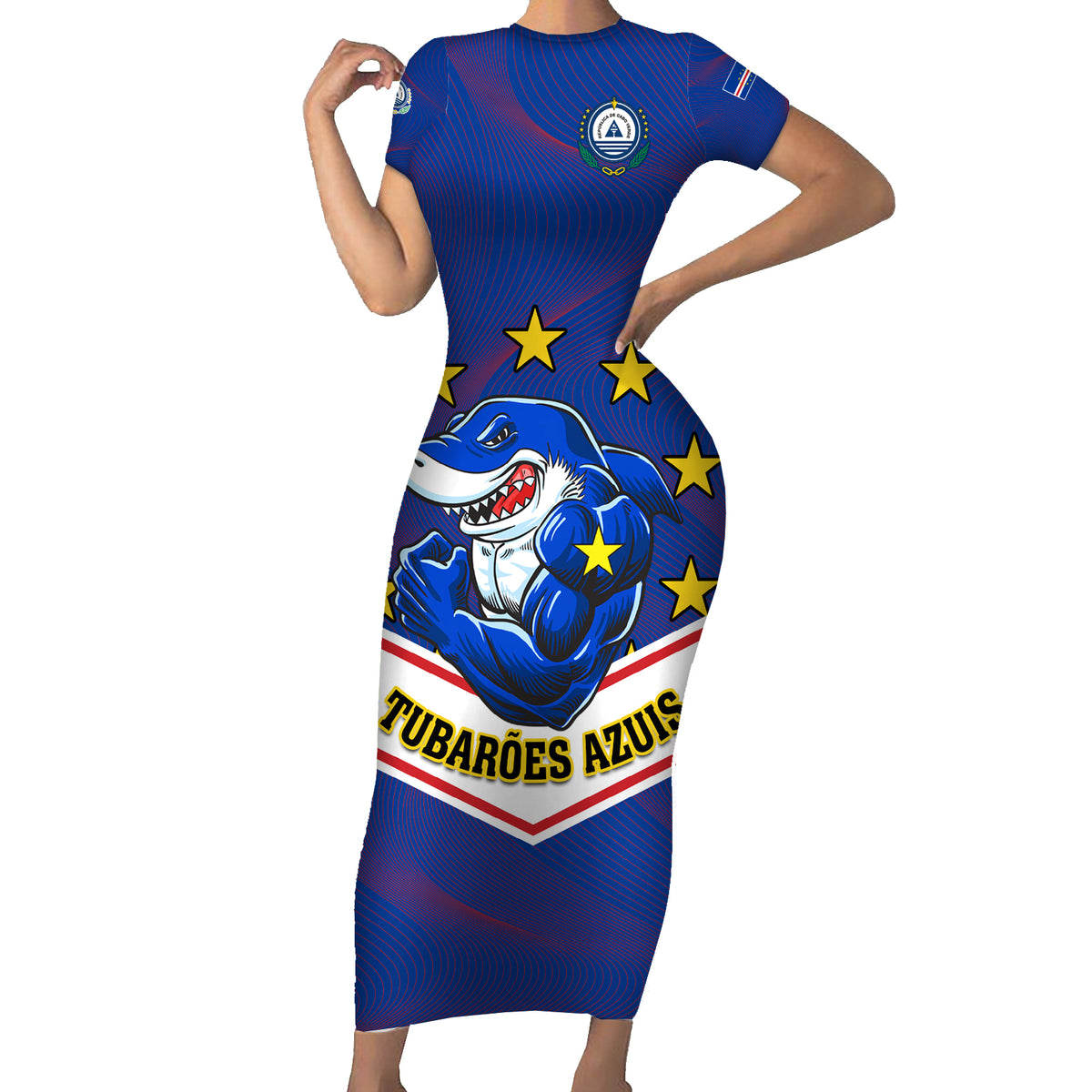 Cape Verde Football Short Sleeve Bodycon Dress Come On Tubaroes Azuis - Wonder Print Shop