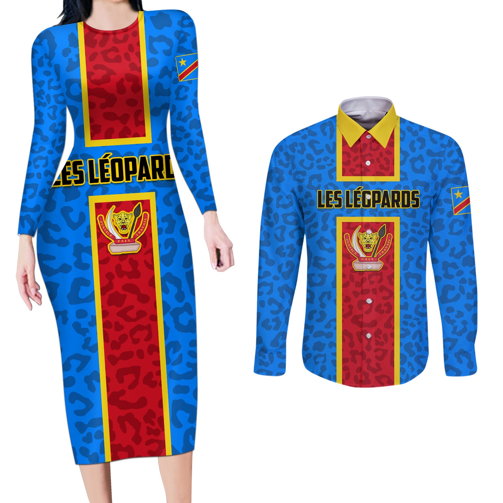 DR Congo Football Couples Matching Long Sleeve Bodycon Dress and Long Sleeve Button Shirt Go Les Leopards - Wonder Print Shop