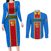 DR Congo Football Couples Matching Long Sleeve Bodycon Dress and Long Sleeve Button Shirt Go Les Leopards - Wonder Print Shop